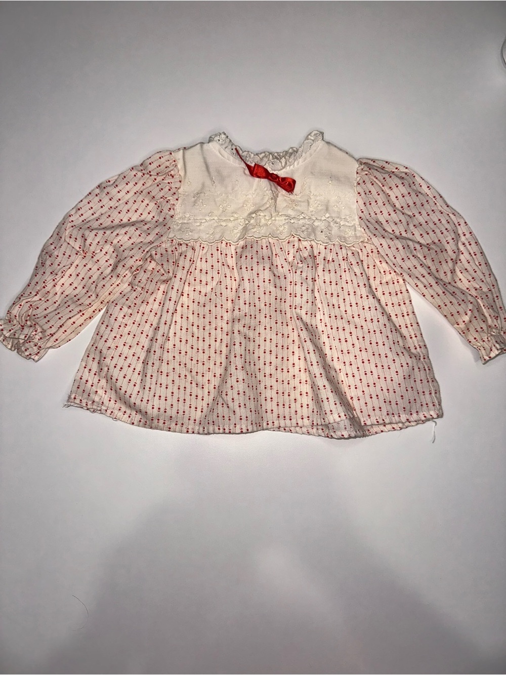 Vintage New York Kids Girls Cream and Red Dot Long-Sleeve Peasant Top 12 Months
